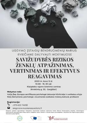 Savižudybės rizikos ženklų atpažinimas, vertinimas ir efektyvus reagavimas (Ugdymo įstaigų bendruomenių nariams)